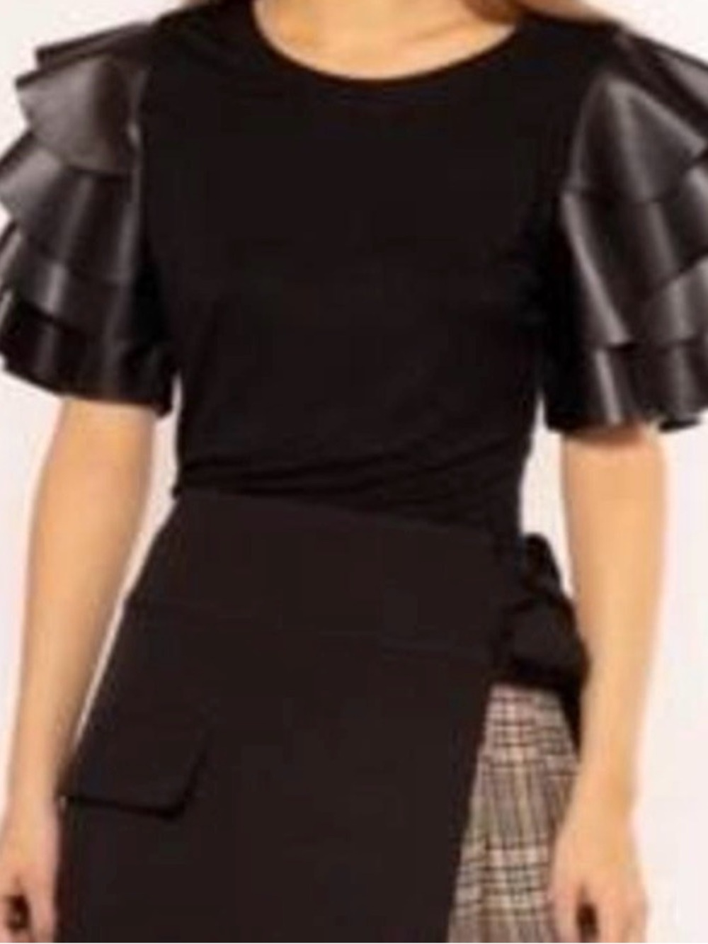 Gracia Black Top with Layered Faux Leather Puff Sleeves